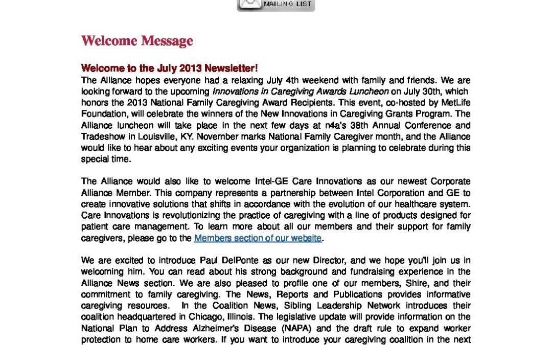 The July 2013 Caregiving Exchange Newsletter