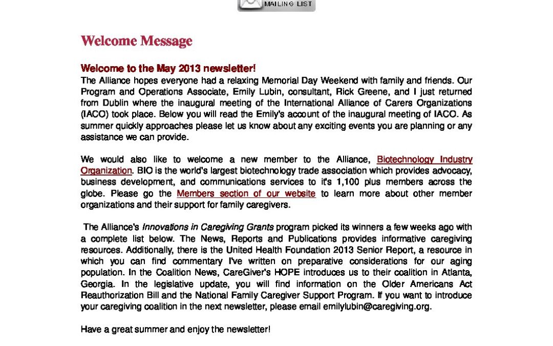 The May 2013 Caregiving Exchange Newsletter