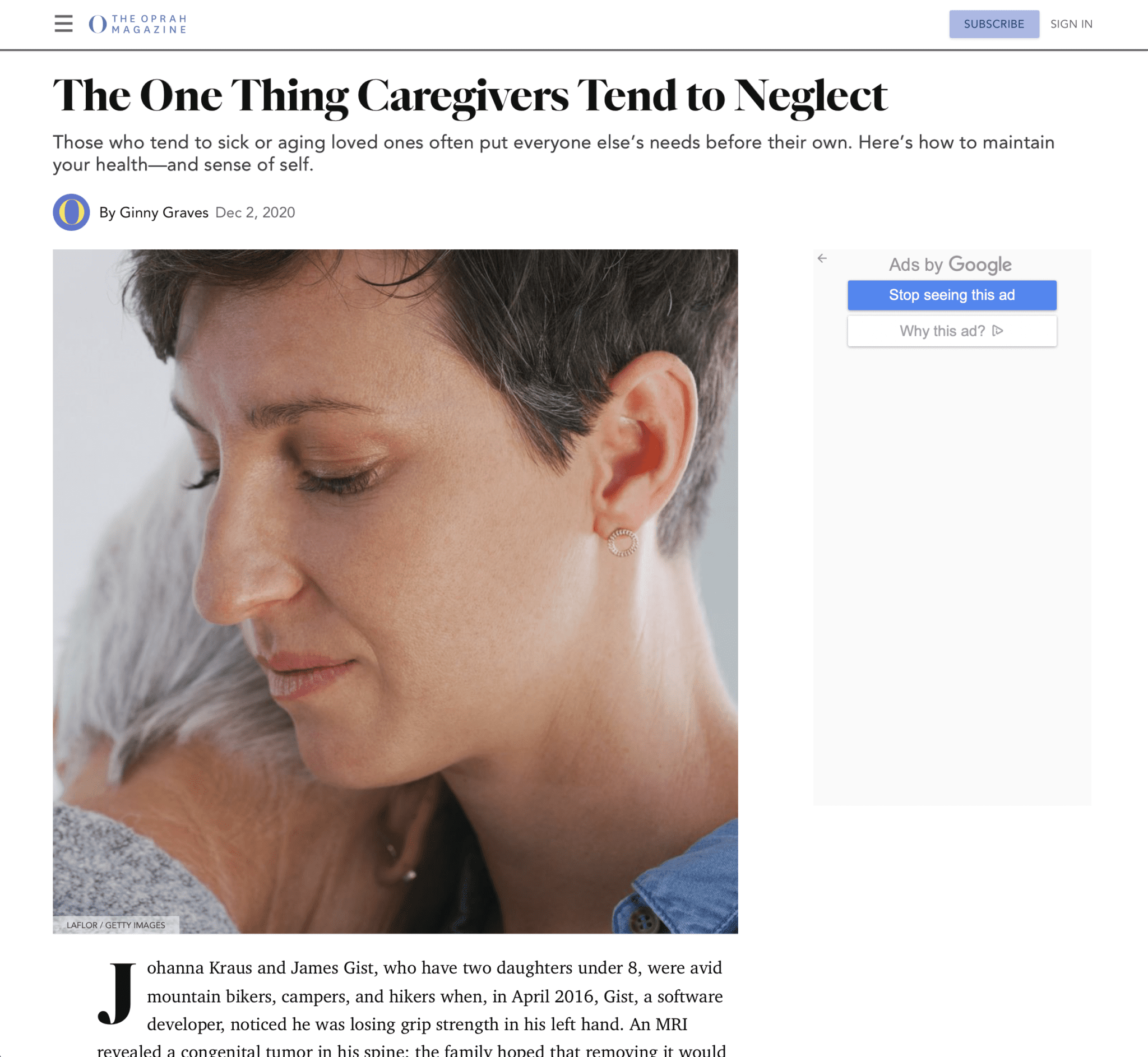 Oprah Magazine | The One Thing Caregivers Tend to Neglect