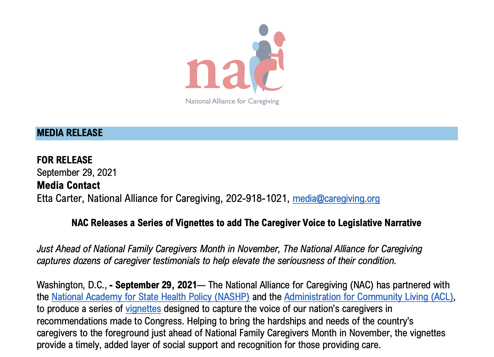 NAC Releases a Series of Vignettes to add The Caregiver Voice to Legislative Narrative