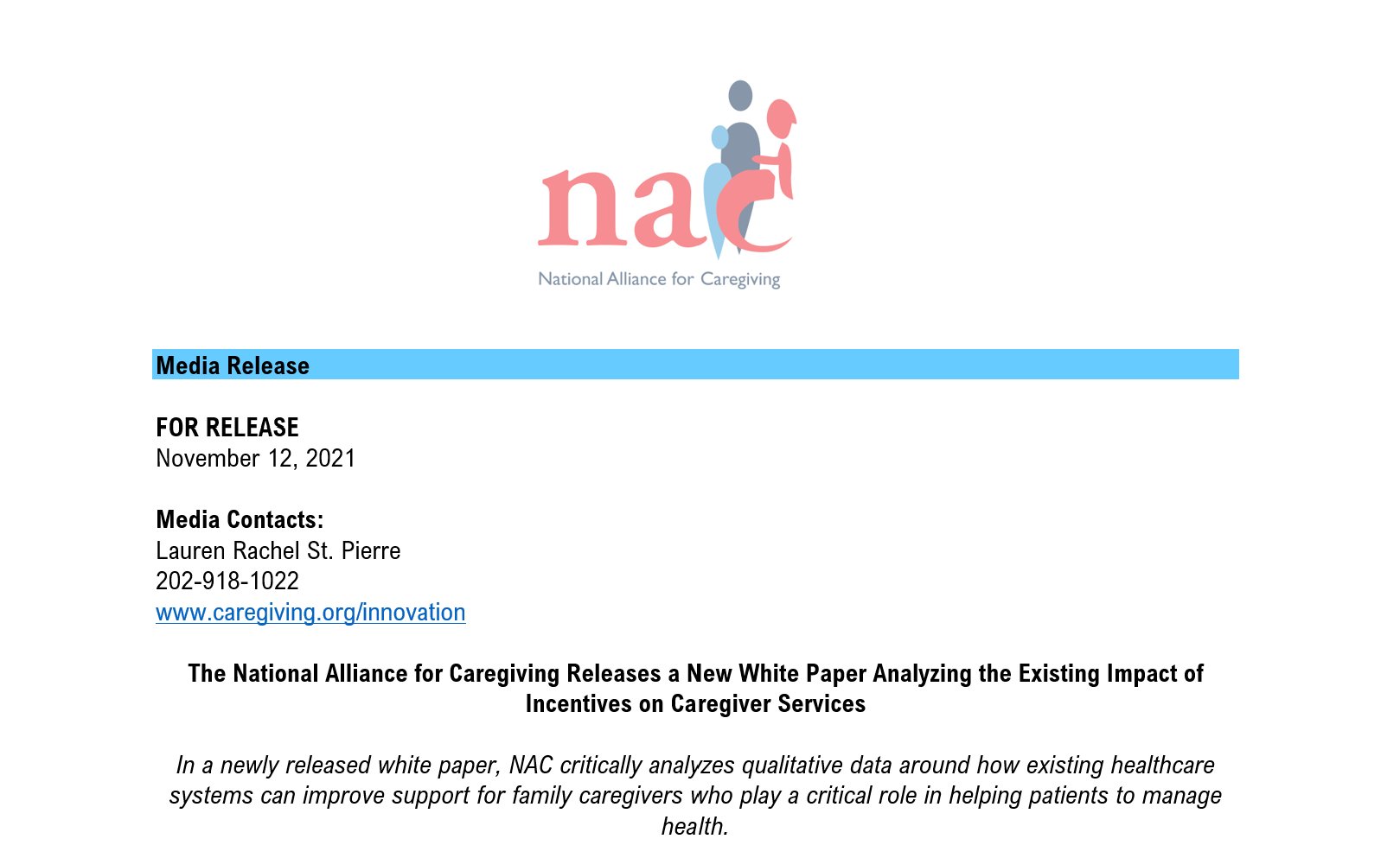The National Alliance for Caregiving Releases a New White Paper Analyzing the Existing Impact of Incentives on Caregiver Services