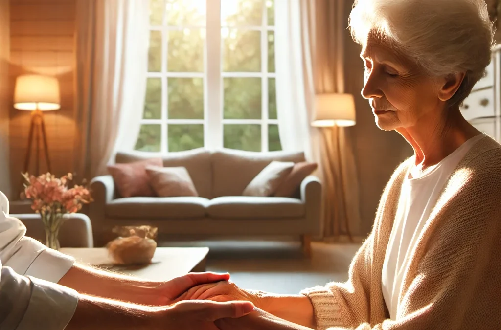 DALL·E 2024-09-17 13.32.09 – A heartwarming and serene scene depicting an adult child gently holding the hands of their elderly parent in a warmly lit living room. The room should