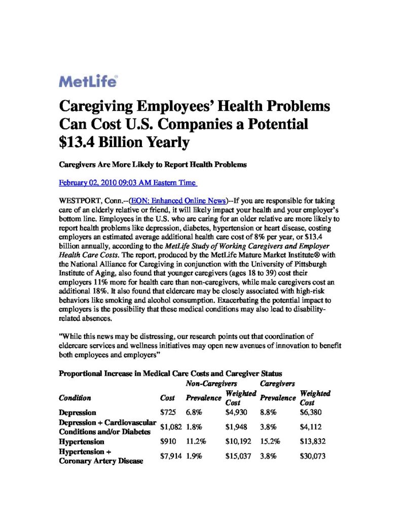 Caregiver Costs Press Release