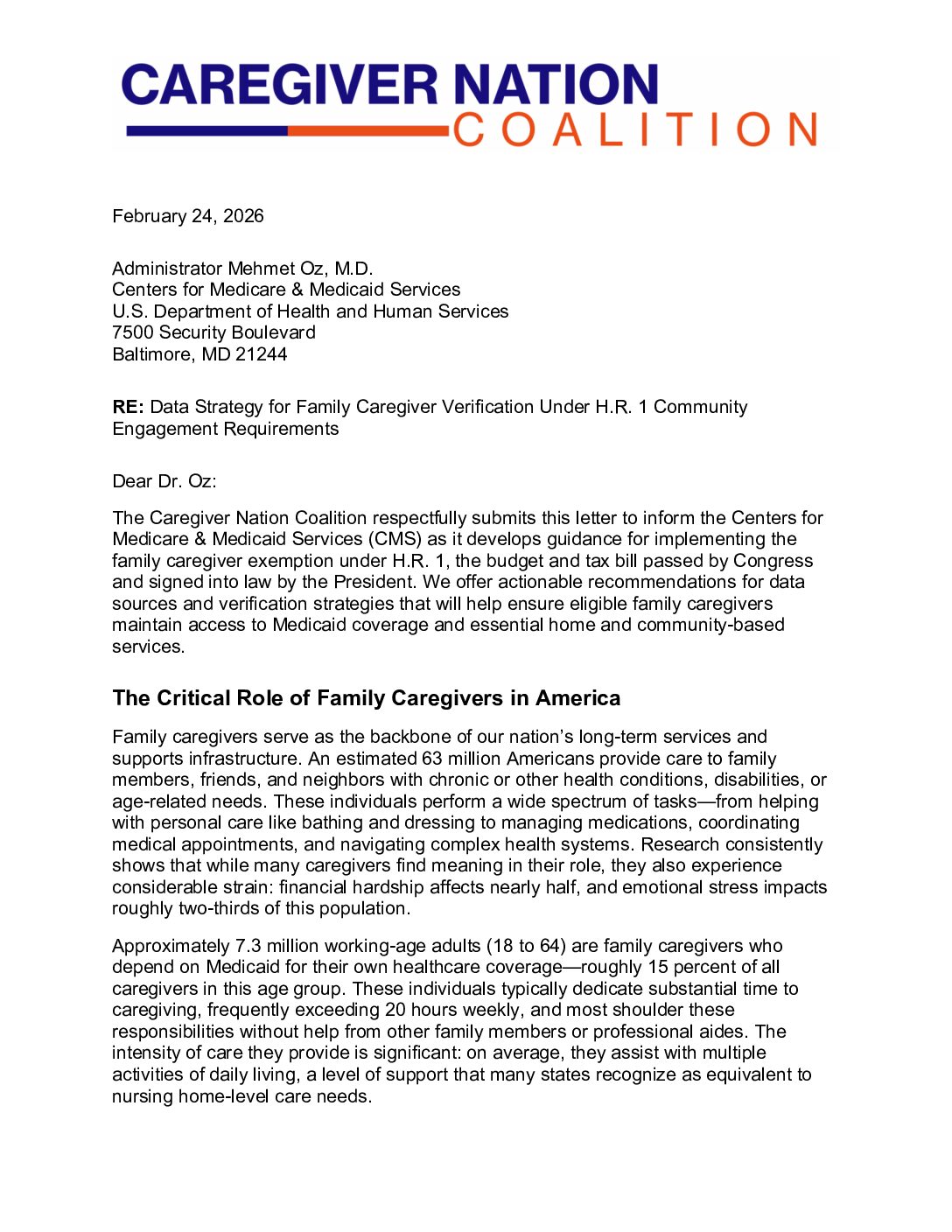 CNC: Letter to CMS: Family Caregiver Data Strategy Letter on Work Requirements Implementation