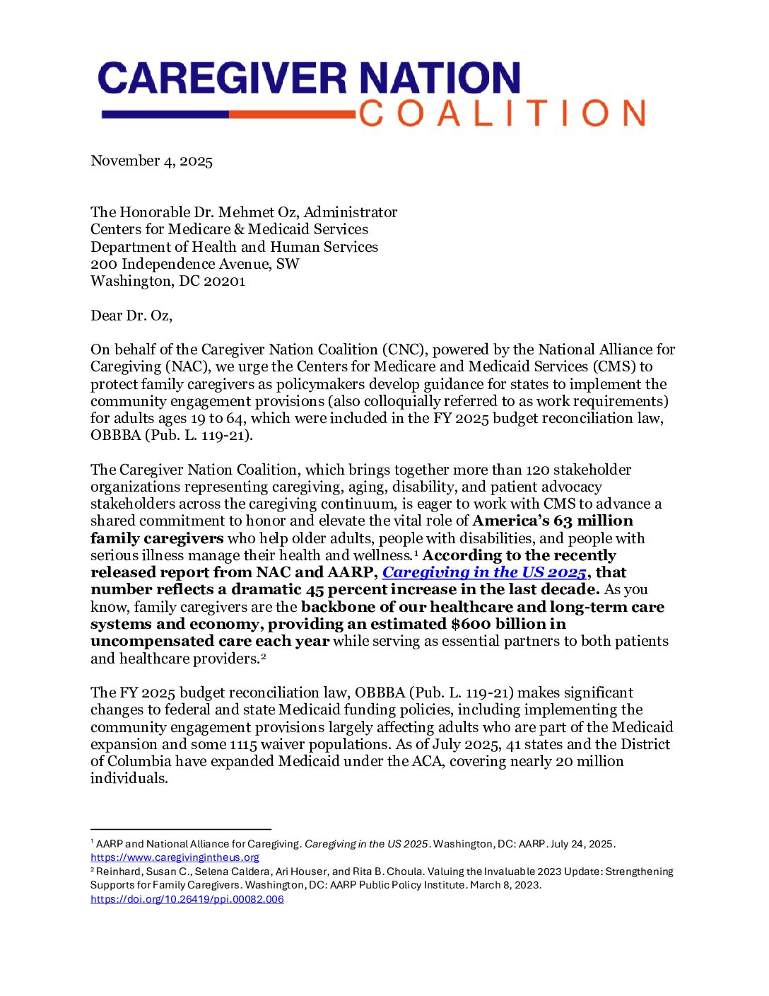 CNC: Letter to CMS: OBBBA Work Requirements