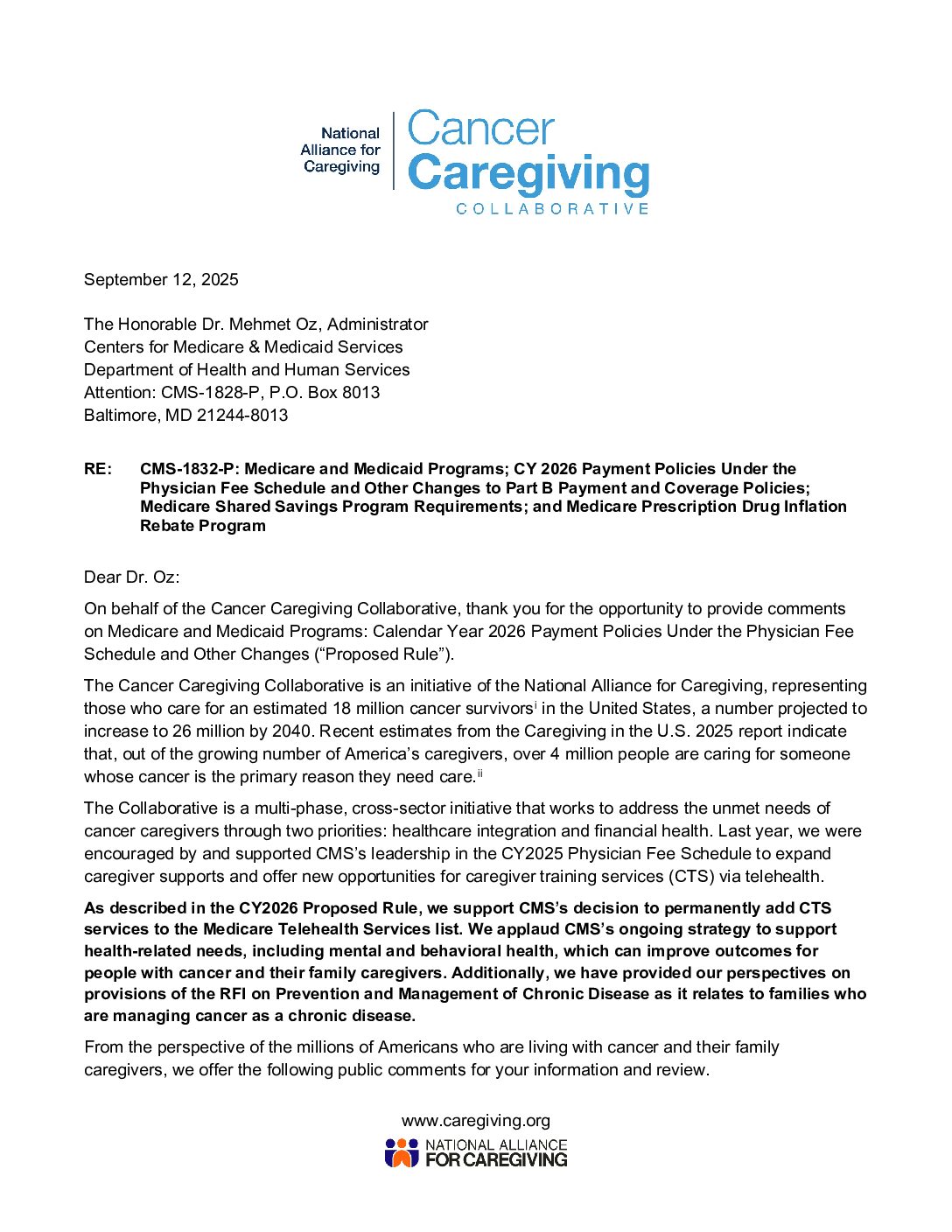 CCC: Comment Letter: CY26 Medicare PFS Proposed Rule
