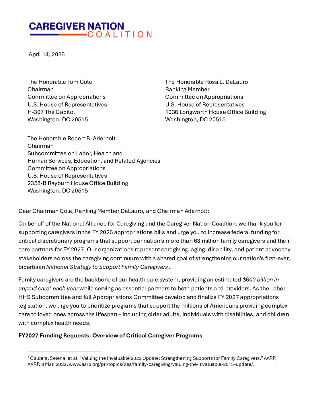 CNC: Letter: House FY27 Appropriations