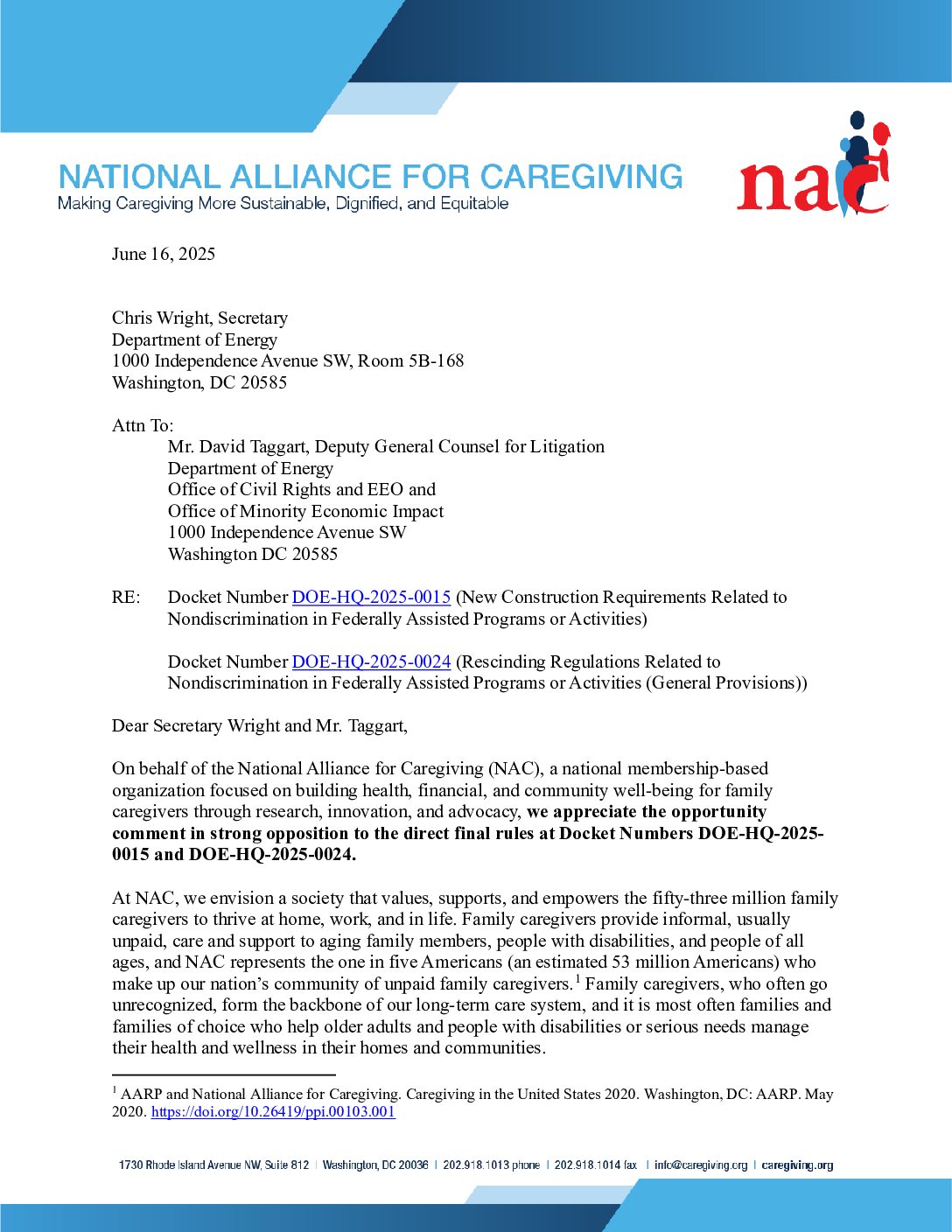NAC: Comment Letter: Opposing DOE Rescinding Requirements on New Construction and Alteration Projects