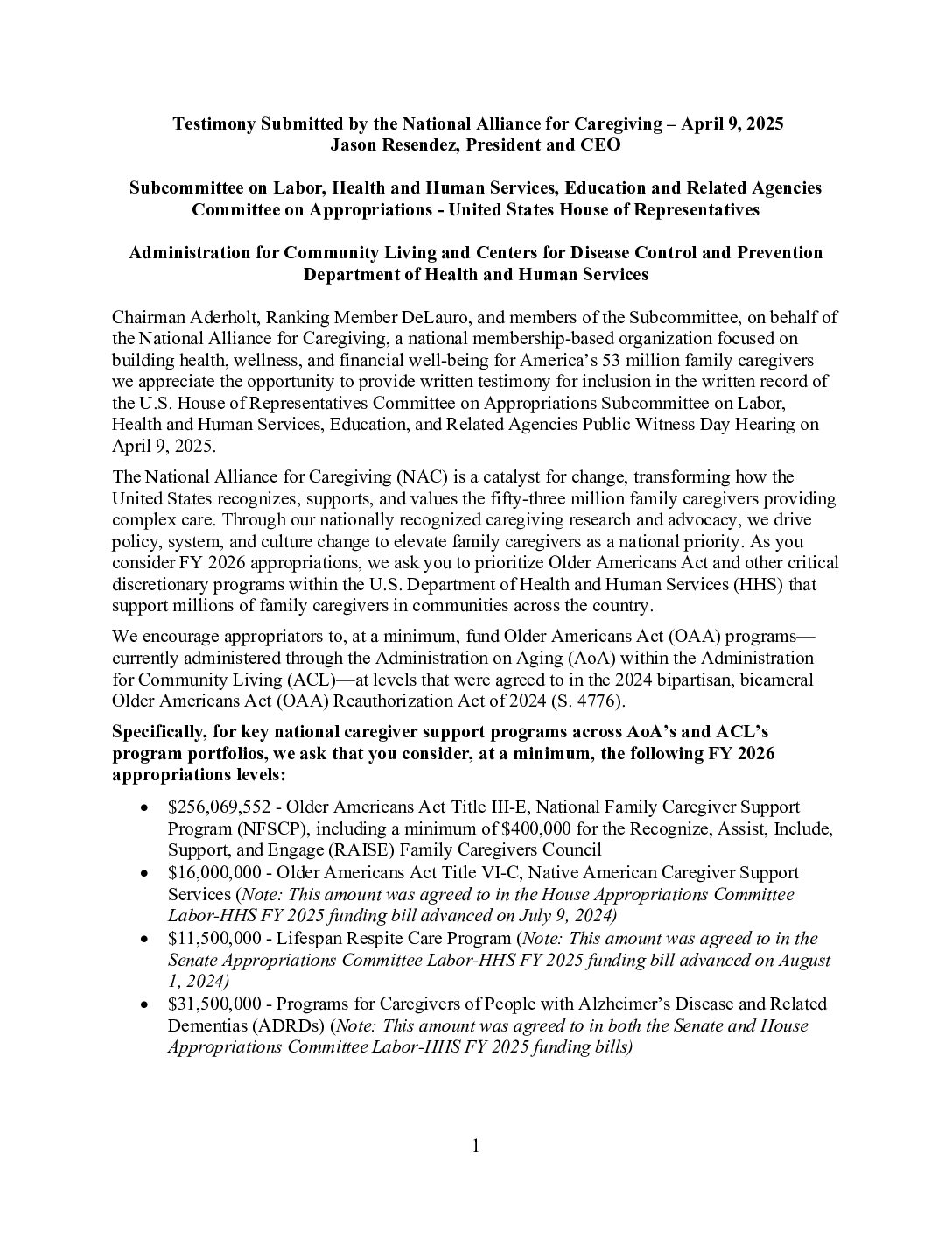 NAC: Written Testimony: House FY26 Labor-HHS Appropriations