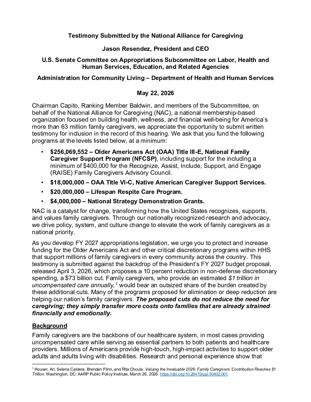 NAC: Written Testimony: Senate FY27 Labor-HHS Appropriations