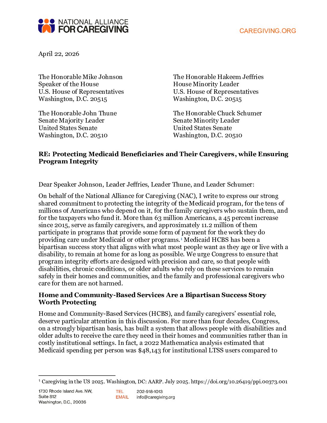 NAC: Letter to Congressional Leadership: Value of Medicaid Home & Community-based Services