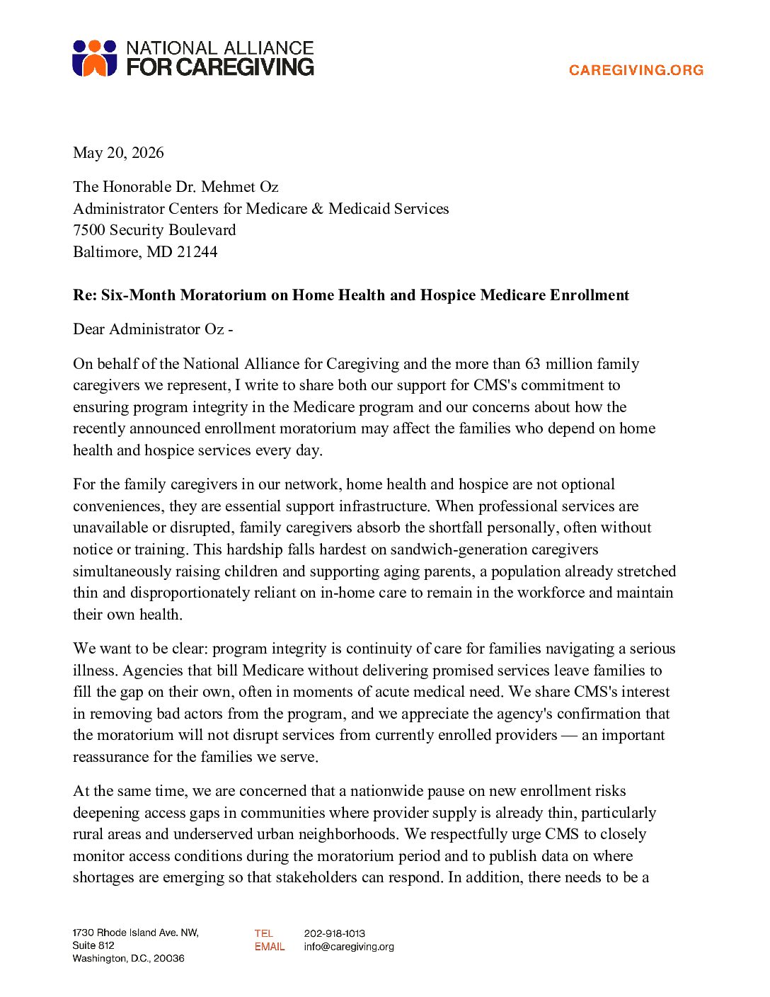 NAC: Letter to CMS: Medicare Hospice and Home Care Moratorium