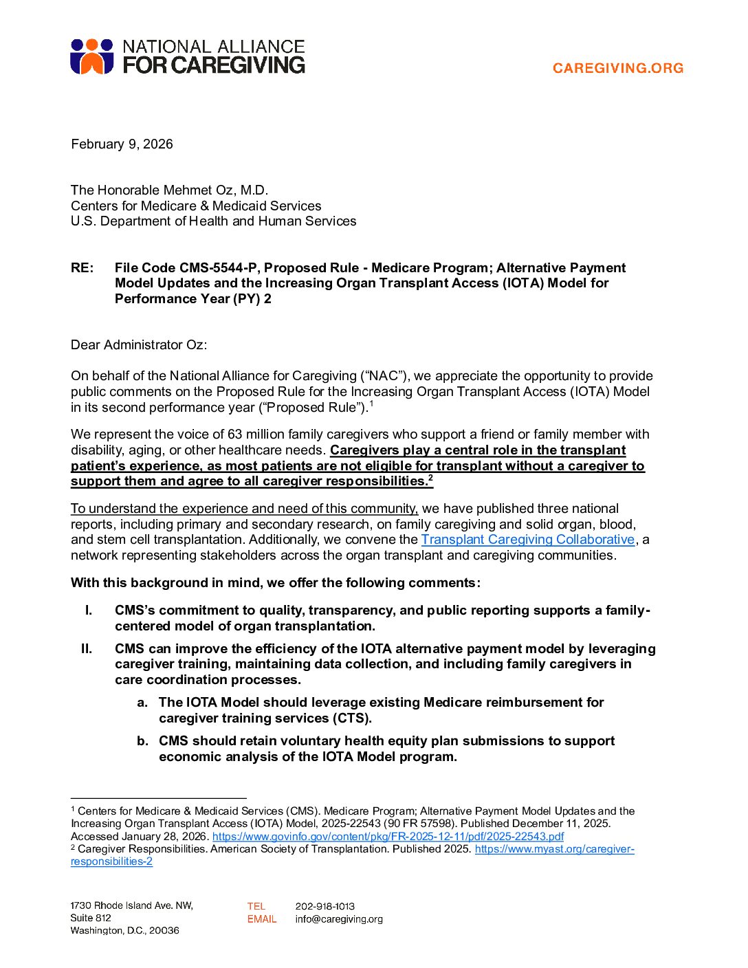 NAC: Comment Letter to CMS: Increasing Organ Transplant Access (IOTA) Model Proposed Rule
