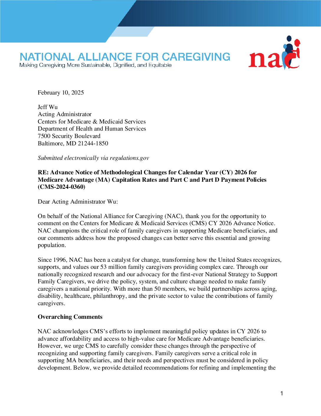 NAC: Comment Letter: Medicare Advantage (MA) Capitation Rates and Part C and Part D Payment Policies Advance Notice