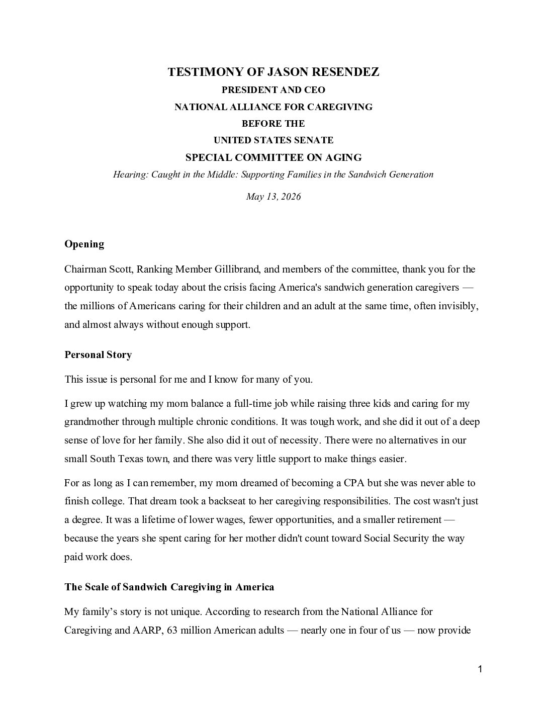 NAC: Oral Testimony by Jason Resendez, NAC President & CEO, to Senate Aging Committee on Supporting Families in the Sandwich Generation