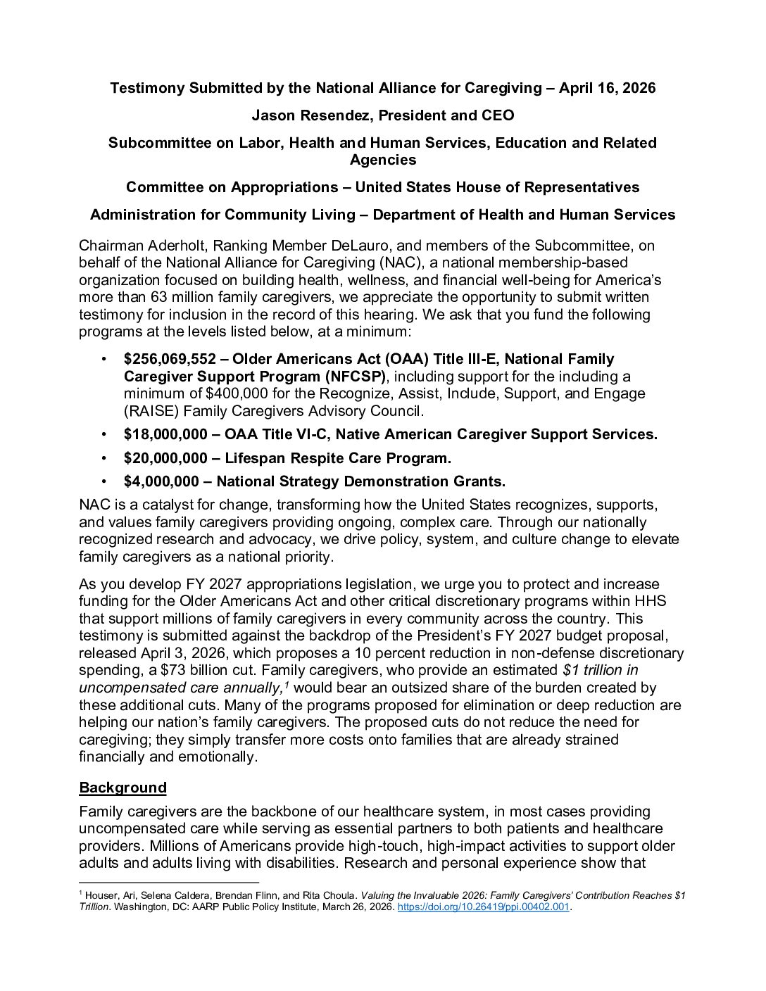 NAC: Written Testimony: House FY27 Labor-HHS Appropriations