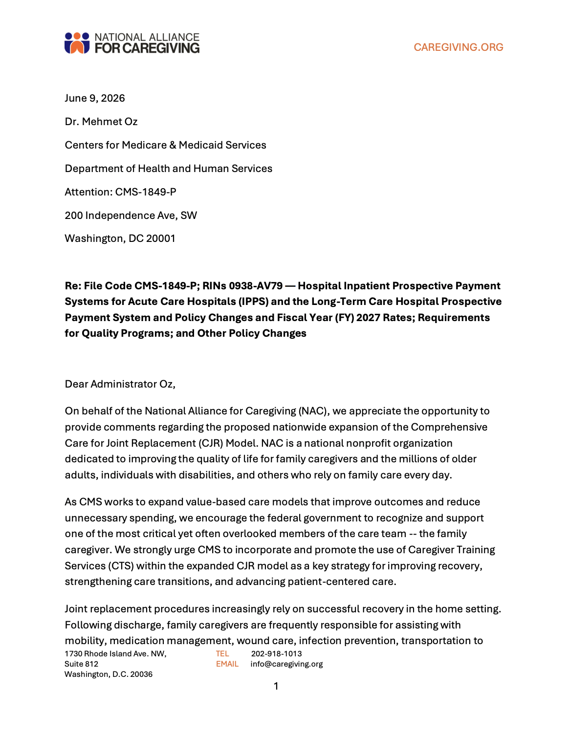 NAC CMS IPPS Comment Letter on Caregiving in CJR Nationwide Expansion