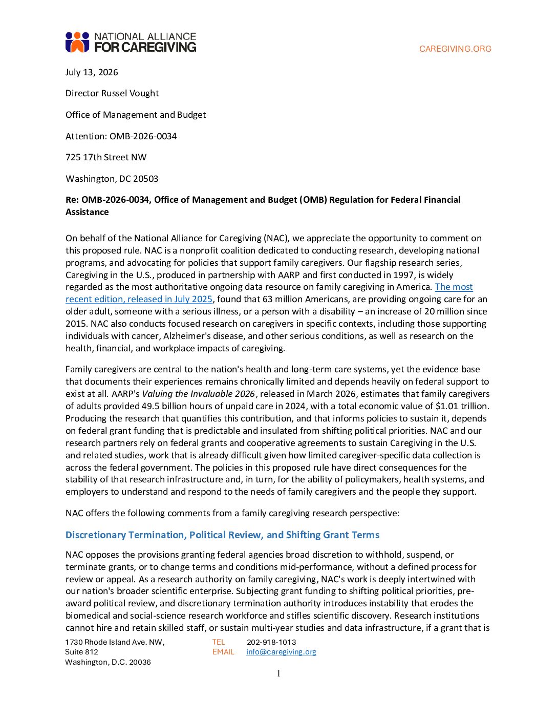 NAC OMB Grant Funding Comment Letter