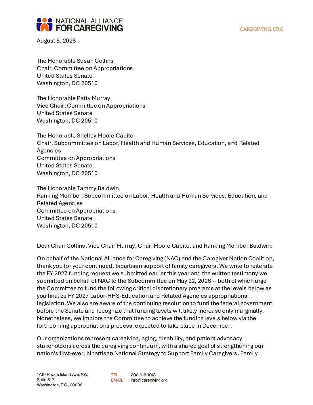 NAC Senate Appropriations Letter OAA