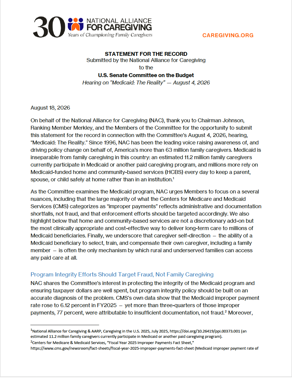NAC Senate Budget Committee Statement for the Record