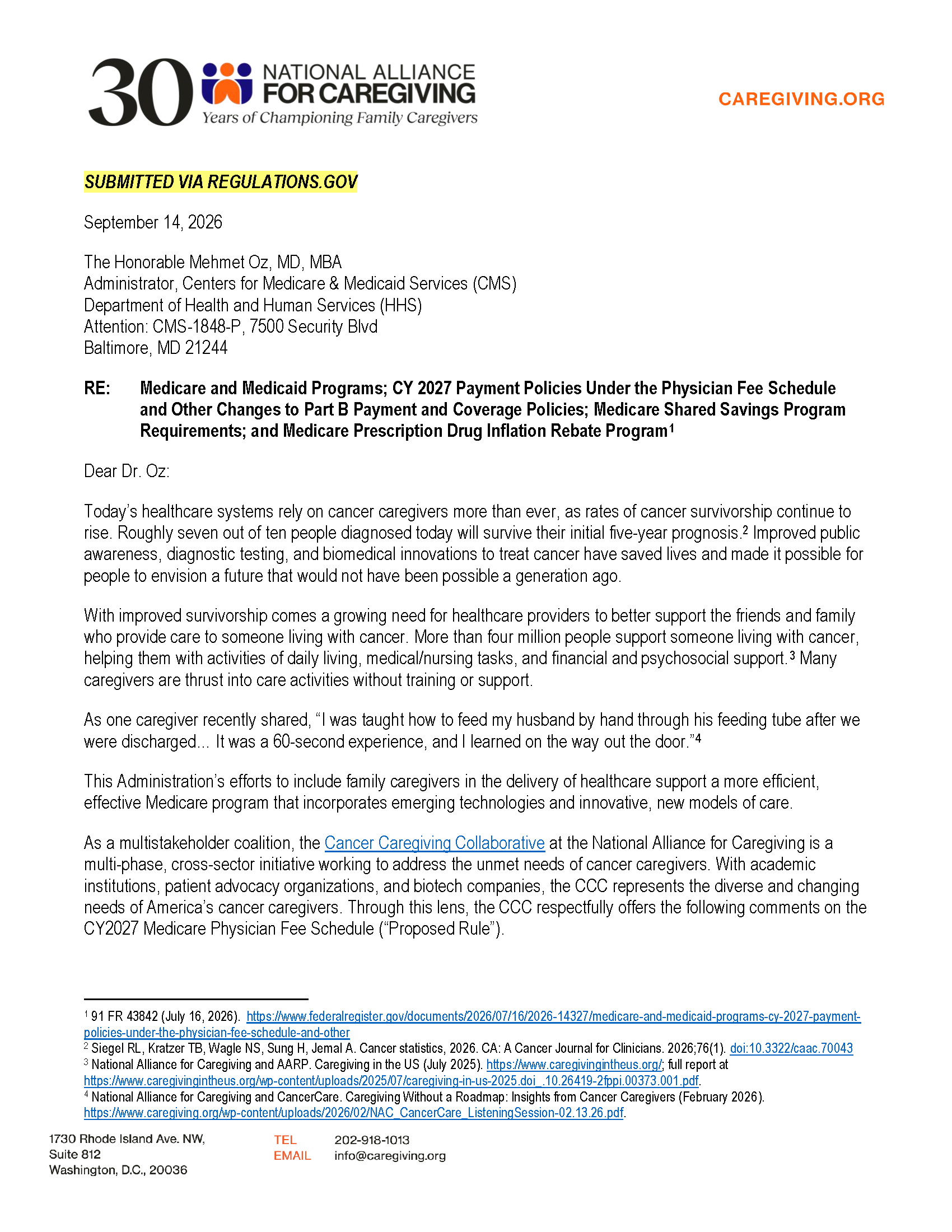 2027 Medicare Physician Fee Schedule Comment Letter to CMS