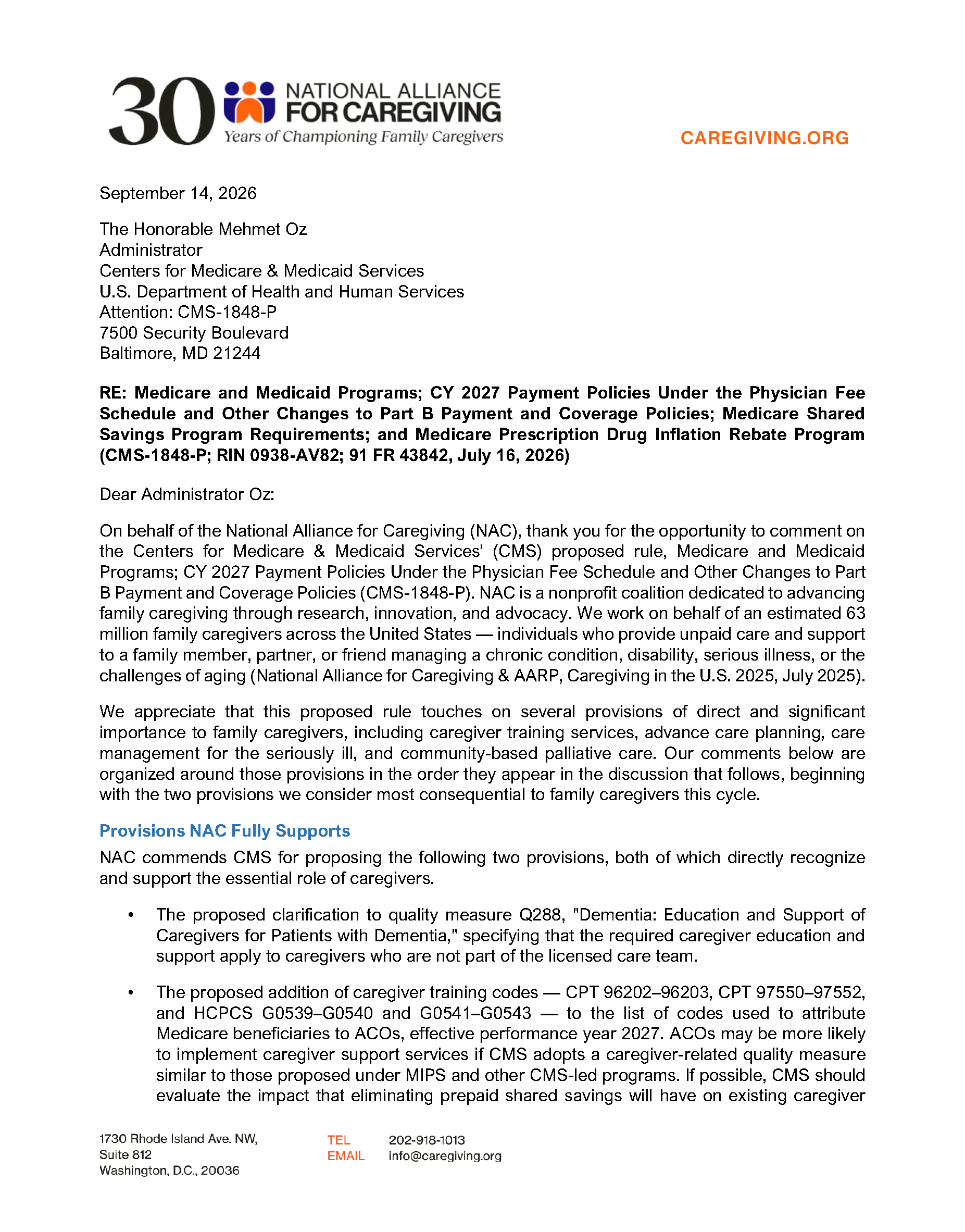 CY27 Medicare PFS Comment Letter
